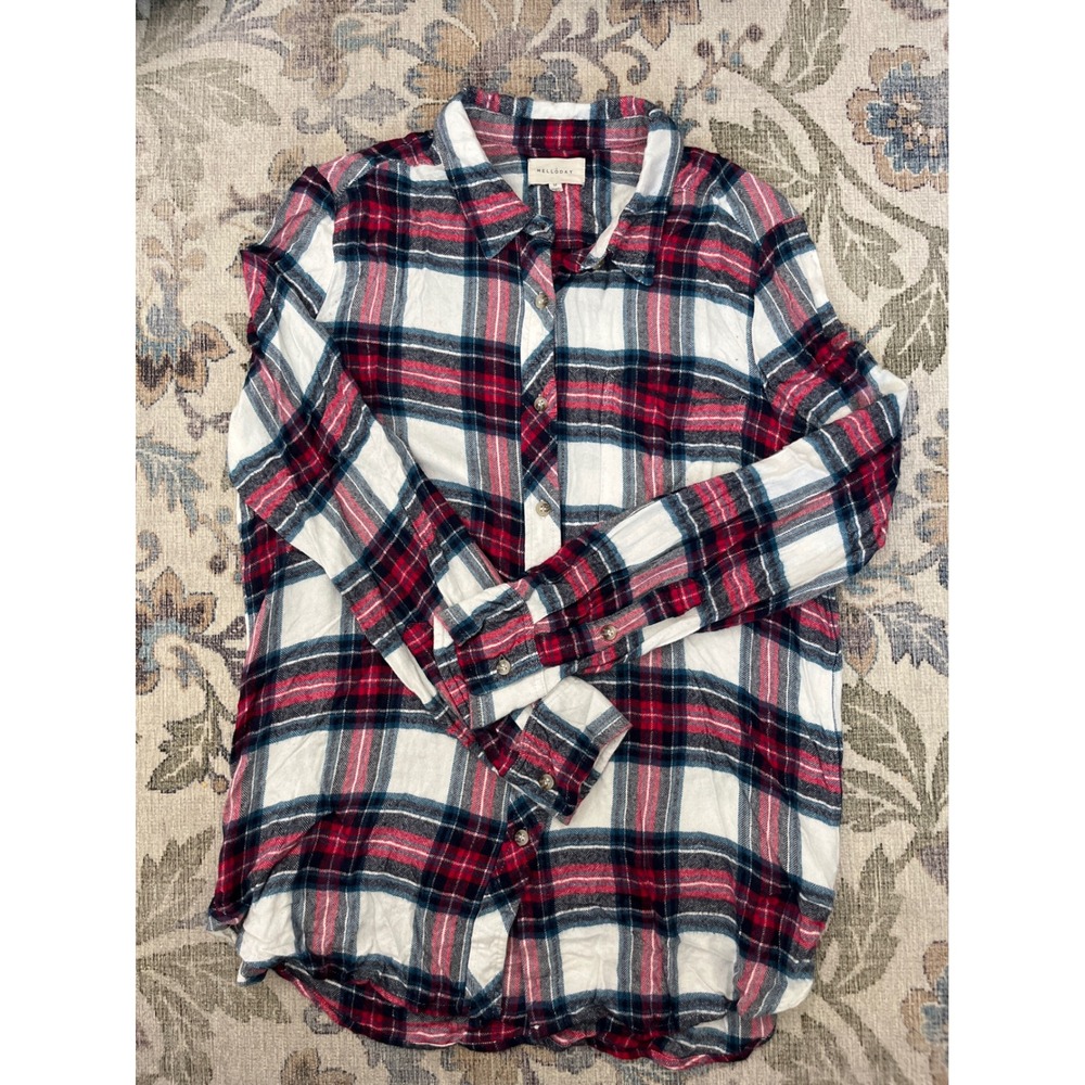 Melloday Plaid Button Down Women Medium Red Navy White Excellent Rayon Flannel
